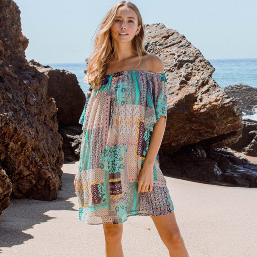 WOMEN'S OFF SHOULDER MULTI PRINT TUNIC SHIMMER MINI DRESS